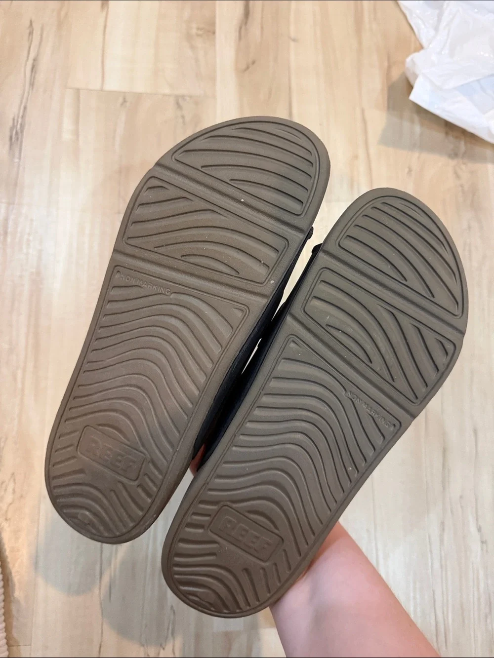 Reef Brown Footbed with Black Triple-Strap Slide Sandals